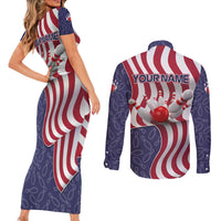 American Flag Bowling Pin Strike Graphic Couples Matching Short Sleeve Bodycon Dress and Long Sleeve Button Shirt with Custom Name and Pattern Background - Wonder Print Shop