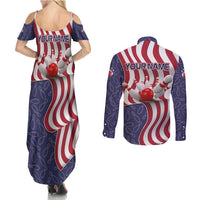 American Flag Bowling Pin Strike Graphic Couples Matching Summer Maxi Dress and Long Sleeve Button Shirt with Custom Name and Pattern Background - Wonder Print Shop