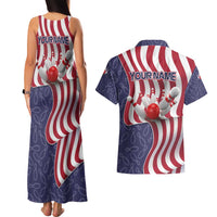 American Flag Bowling Pin Strike Graphic Couples Matching Tank Maxi Dress and Hawaiian Shirt with Custom Name and Pattern Background - Wonder Print Shop