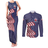 American Flag Bowling Pin Strike Graphic Couples Matching Tank Maxi Dress and Long Sleeve Button Shirt with Custom Name and Pattern Background - Wonder Print Shop
