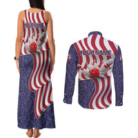 American Flag Bowling Pin Strike Graphic Couples Matching Tank Maxi Dress and Long Sleeve Button Shirt with Custom Name and Pattern Background - Wonder Print Shop