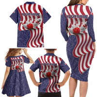 American Flag Bowling Pin Strike Graphic Family Matching Long Sleeve Bodycon Dress and Hawaiian Shirt with Custom Name and Pattern Background - Wonder Print Shop