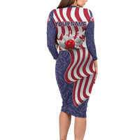 American Flag Bowling Pin Strike Graphic Family Matching Long Sleeve Bodycon Dress and Hawaiian Shirt with Custom Name and Pattern Background - Wonder Print Shop