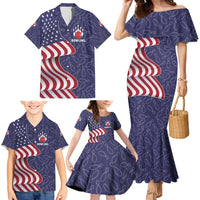 American Flag Bowling Pin Strike Graphic Family Matching Mermaid Dress and Hawaiian Shirt with Custom Name and Pattern Background - Wonder Print Shop