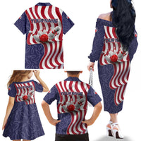American Flag Bowling Pin Strike Graphic Family Matching Off The Shoulder Long Sleeve Dress and Hawaiian Shirt with Custom Name and Pattern Background - Wonder Print Shop