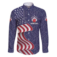 American Flag Bowling Pin Strike Graphic Family Matching Off The Shoulder Long Sleeve Dress and Hawaiian Shirt with Custom Name and Pattern Background - Wonder Print Shop