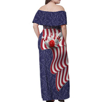 American Flag Bowling Pin Strike Graphic Family Matching Off Shoulder Maxi Dress and Hawaiian Shirt with Custom Name and Pattern Background - Wonder Print Shop