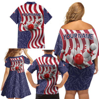 American Flag Bowling Pin Strike Graphic Family Matching Off Shoulder Short Dress and Hawaiian Shirt with Custom Name and Pattern Background - Wonder Print Shop