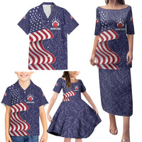American Flag Bowling Pin Strike Graphic Family Matching Puletasi and Hawaiian Shirt with Custom Name and Pattern Background - Wonder Print Shop