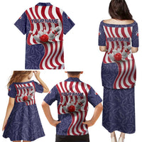 American Flag Bowling Pin Strike Graphic Family Matching Puletasi and Hawaiian Shirt with Custom Name and Pattern Background - Wonder Print Shop