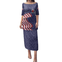 American Flag Bowling Pin Strike Graphic Family Matching Puletasi and Hawaiian Shirt with Custom Name and Pattern Background - Wonder Print Shop