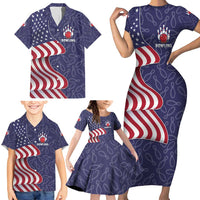 American Flag Bowling Pin Strike Graphic Family Matching Short Sleeve Bodycon Dress and Hawaiian Shirt with Custom Name and Pattern Background - Wonder Print Shop