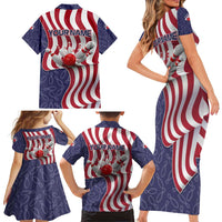 American Flag Bowling Pin Strike Graphic Family Matching Short Sleeve Bodycon Dress and Hawaiian Shirt with Custom Name and Pattern Background - Wonder Print Shop