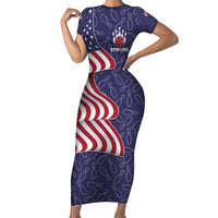 American Flag Bowling Pin Strike Graphic Family Matching Short Sleeve Bodycon Dress and Hawaiian Shirt with Custom Name and Pattern Background - Wonder Print Shop