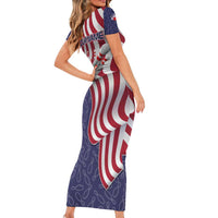 American Flag Bowling Pin Strike Graphic Family Matching Short Sleeve Bodycon Dress and Hawaiian Shirt with Custom Name and Pattern Background - Wonder Print Shop