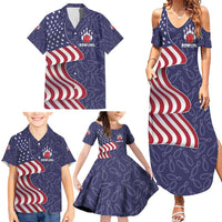 American Flag Bowling Pin Strike Graphic Family Matching Summer Maxi Dress and Hawaiian Shirt with Custom Name and Pattern Background - Wonder Print Shop