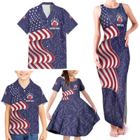 American Flag Bowling Pin Strike Graphic Family Matching Tank Maxi Dress and Hawaiian Shirt with Custom Name and Pattern Background - Wonder Print Shop