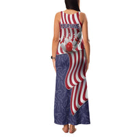 American Flag Bowling Pin Strike Graphic Family Matching Tank Maxi Dress and Hawaiian Shirt with Custom Name and Pattern Background - Wonder Print Shop
