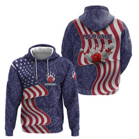 American Flag Bowling Pin Strike Graphic Hoodie with Custom Name and Pattern Background - Wonder Print Shop