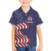 American Flag Bowling Pin Strike Graphic Kid Hawaiian Shirt with Custom Name and Pattern Background - Wonder Print Shop