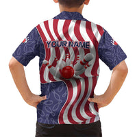 American Flag Bowling Pin Strike Graphic Kid Hawaiian Shirt with Custom Name and Pattern Background - Wonder Print Shop