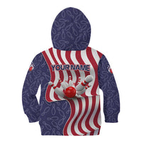 American Flag Bowling Pin Strike Graphic Kid Hoodie with Custom Name and Pattern Background - Wonder Print Shop