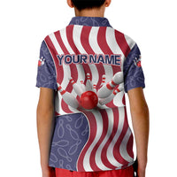 American Flag Bowling Pin Strike Graphic Kid Polo Shirt with Custom Name and Pattern Background - Wonder Print Shop