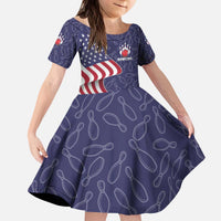 American Flag Bowling Pin Strike Graphic Kid Short Sleeve Dress with Custom Name and Pattern Background - Wonder Print Shop