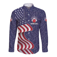 American Flag Bowling Pin Strike Graphic Long Sleeve Button Shirt with Custom Name and Pattern Background - Wonder Print Shop