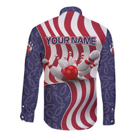 American Flag Bowling Pin Strike Graphic Long Sleeve Button Shirt with Custom Name and Pattern Background - Wonder Print Shop