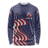 American Flag Bowling Pin Strike Graphic Long Sleeve Shirt with Custom Name and Pattern Background - Wonder Print Shop