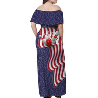 American Flag Bowling Pin Strike Graphic Off Shoulder Maxi Dress with Custom Name and Pattern Background - Wonder Print Shop