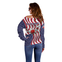 American Flag Bowling Pin Strike Graphic Off Shoulder Sweater with Custom Name and Pattern Background - Wonder Print Shop