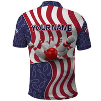 American Flag Bowling Pin Strike Graphic Polo Shirt with Custom Name and Pattern Background - Wonder Print Shop