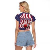 American Flag Bowling Pin Strike Graphic Raglan Cropped T Shirt with Custom Name and Pattern Background - Wonder Print Shop