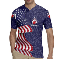 American Flag Bowling Pin Strike Graphic Rugby Jersey with Custom Name and Pattern Background - Wonder Print Shop