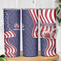 American Flag Bowling Pin Strike Graphic Skinny Tumbler with Custom Name and Pattern Background - Wonder Print Shop
