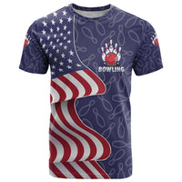 American Flag Bowling Pin Strike Graphic T Shirt with Custom Name and Pattern Background - Wonder Print Shop