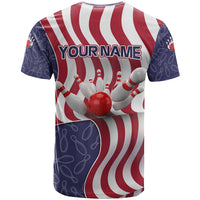 American Flag Bowling Pin Strike Graphic T Shirt with Custom Name and Pattern Background - Wonder Print Shop