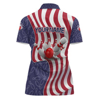 American Flag Bowling Pin Strike Graphic Women Polo Shirt with Custom Name and Pattern Background - Wonder Print Shop