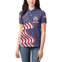 American Flag Bowling Pin Strike Graphic Women Polo Shirt with Custom Name and Pattern Background - Wonder Print Shop