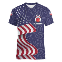 American Flag Bowling Pin Strike Graphic Women V-Neck T-Shirt with Custom Name and Pattern Background - Wonder Print Shop