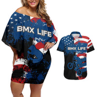 BMX Life Graphic Couples Matching Off Shoulder Short Dress and Hawaiian Shirt with American Flag and Custom Rider Number Design - Wonder Print Shop