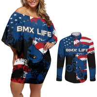 BMX Life Graphic Couples Matching Off Shoulder Short Dress and Long Sleeve Button Shirt with American Flag and Custom Rider Number Design - Wonder Print Shop