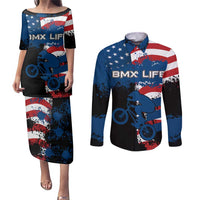 BMX Life Graphic Couples Matching Puletasi and Long Sleeve Button Shirt with American Flag and Custom Rider Number Design - Wonder Print Shop