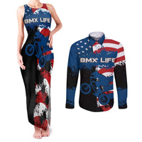 BMX Life Graphic Couples Matching Tank Maxi Dress and Long Sleeve Button Shirt with American Flag and Custom Rider Number Design - Wonder Print Shop
