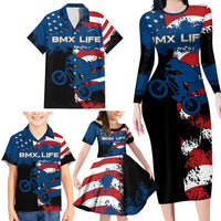 BMX Life Graphic Family Matching Long Sleeve Bodycon Dress and Hawaiian Shirt with American Flag and Custom Rider Number Design - Wonder Print Shop