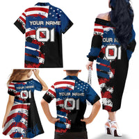 BMX Life Graphic Family Matching Off The Shoulder Long Sleeve Dress and Hawaiian Shirt with American Flag and Custom Rider Number Design - Wonder Print Shop