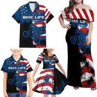 BMX Life Graphic Family Matching Off Shoulder Maxi Dress and Hawaiian Shirt with American Flag and Custom Rider Number Design - Wonder Print Shop