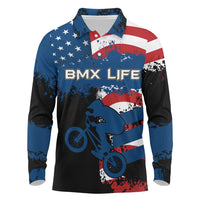 BMX Life Graphic Long Sleeve Polo Shirt with American Flag and Custom Rider Number Design - Wonder Print Shop